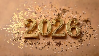 Poster -  golden 2026 numbers with glitter confetti on beige background, festive new year design for web, print, branding, greeting cards, graphic resource