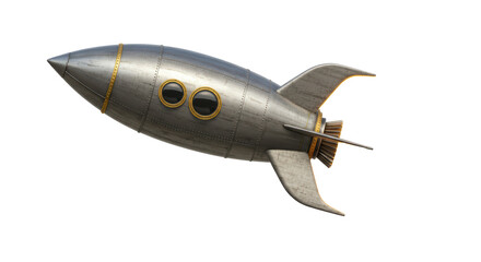 isolated vintage silver rocket ship with gold accents