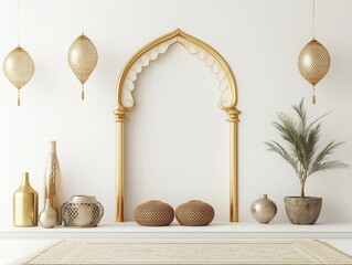 Poster - White backdrop showcasing an Eid invitation and decor set.