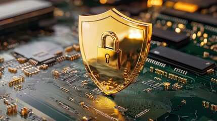 Poster - Flat clean 3D rendering of security shield and lock, identity protection theme