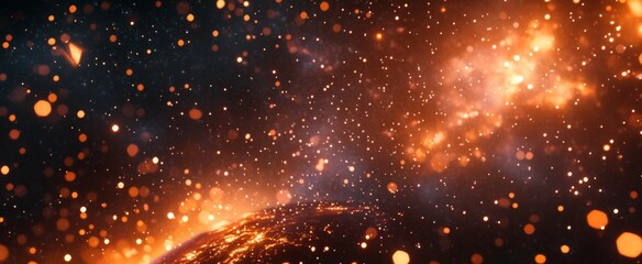Poster - The Earth is hit by meteors, and the background of space is filled with burning stars in orange tones, cinematic light effects, and huge meteorites hitting the Earth, creating an epic scene.