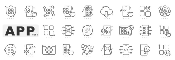 Set of mobile app related line icons. Device, screen, application, program etc. Editable stroke