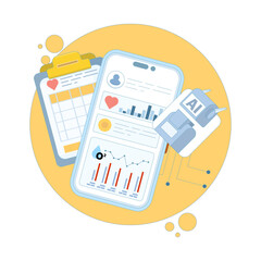 Smart watch and health tracker concept. AI based diagnostics. Algorithm analyzing health data. Medical insights in healthcare. Flat design vector illustration on background.