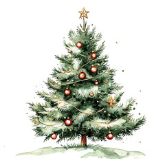 Decorated Christmas tree with red baubles and golden garlands in watercolor style on transparent background, symbolizing festive winter celebration