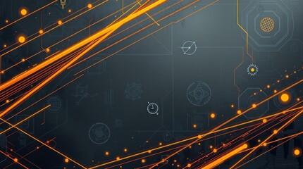 Poster - Abstract digital art with glowing orange lines and tech symbols on dark background