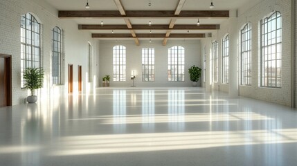 Poster - Wide empty factory-style room, exposed beams and textured white brick, minimal design