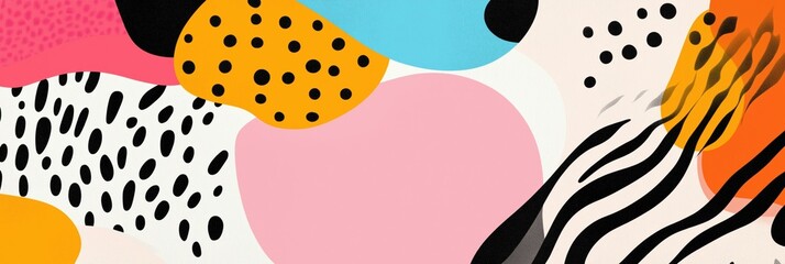Poster - A colorful abstract painting with a pink background and black and white stripes. The painting is full of dots and has a playful, whimsical feel to it
