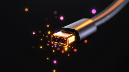 Poster - Futuristic tech element - USB-C port emitting light in total black background, floating mid-air