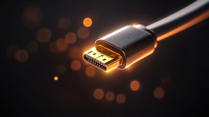 Poster - Macro view of illuminated USB-C cable hovering over a black void, tech minimalism and power symbol