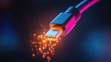 Poster - Macro view of illuminated USB-C cable hovering over a black void, tech minimalism and power symbol