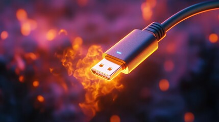 Poster - Macro view of illuminated USB-C cable hovering over a black void, tech minimalism and power symbol