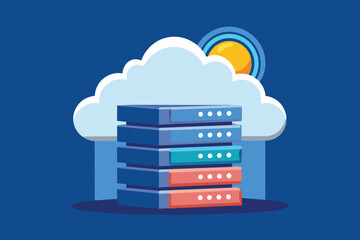 Poster - the illustration showcases stacked servers beneath a stylized cloud and sun against a blue backdrop,