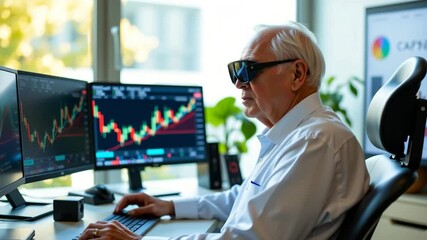 Poster - An older man wearing smart glasses works at a desk with multiple monitors displaying financial charts.