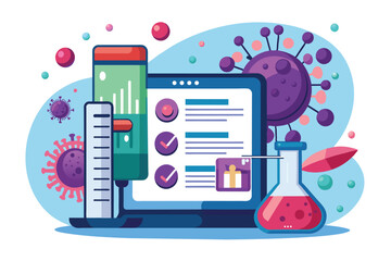 Poster - A vibrant digital display features laboratory elements, including a beaker, graphical data, and virus illustrations, illustrating scientific research in progress.