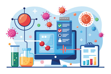 Poster - In a modern digital workspace, laboratory equipment and a computer display showcase virus analysis, research data, and vibrant graphics illustrating scientific findings.