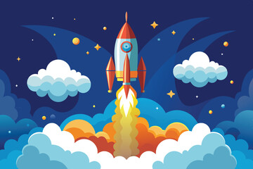 Poster - A vibrant rocket ascends into a dark sky filled with stars and swirling clouds, symbolizing the excitement of scientific discovery and exploration.