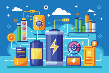 Poster - A vibrant graphical representation highlights various battery technologies, energy storage solutions, and connectivity options against a bright blue backdrop, emphasizing innovation.