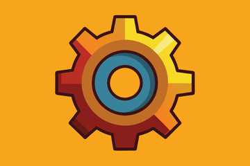 Poster - A vibrant gear icon with a blue center and orange-yellow edges stands out against a bright yellow background, suitable for technology and design themes.