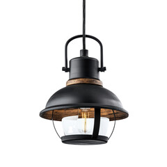 Poster - Modern industrial style hanging pendant lamp with round glass shade and wooden accents perfect for contemporary interior lighting decor