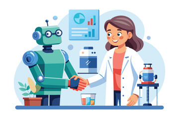 Poster - In a contemporary laboratory, a scientist wearing a lab coat is smiling and shaking hands with a cheerful robot, symbolizing collaboration in technology and research.