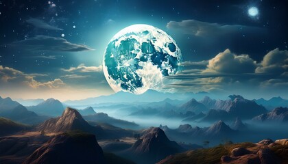 Wall Mural - full moon above mountains on cloudy sky horizontal landscape of earth satellite in full lunar phase