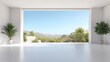 © Kaminashi Nozomi - Modern, bright interior with panoramic view.  Spacious, minimalist design featuring large windows showcasing a breathtaking vista of a Mediterranean landscape.  Peaceful and tranquil