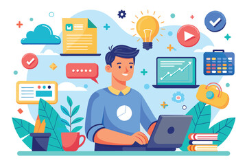 Poster - A young professional engages with a laptop while various digital icons float around him, showcasing tools for organization and innovation in a creative workspace.