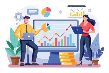 Poster - Two professionals engage in data analysis, one presenting insights on a laptop while the other reviews information on a screen filled with colorful charts and graphs.