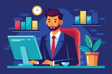 Poster - A businessman focuses intently on his computer screen while seated at his desk in a contemporary office, surrounded by colorful charts and greenery.