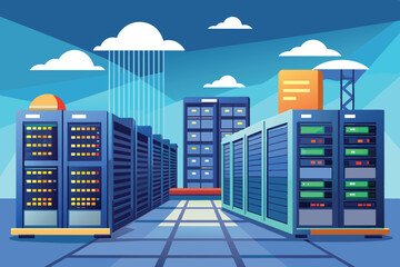Poster - Rows of colorful servers stand in a modern data center illuminated by overhead lights, with a bright blue sky and clouds adding to the digital ambience.