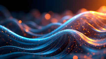 Aufkleber - Abstract waves of blue and orange light create a mesmerizing visual effect, with shimmering particles enhancing the ethereal atmosphere.