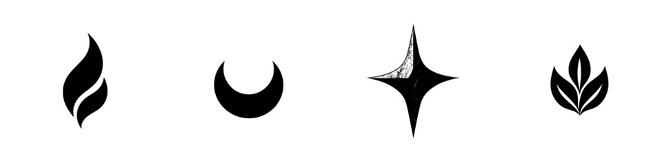 Poster - Vector illustration featuring distinct symbols representing fire, moon, star, and leaf in black and white design