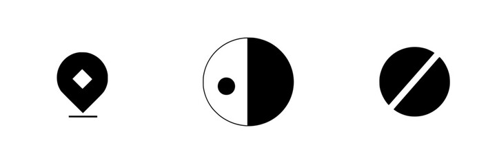 Poster - Vector illustration of black and white icons depicting location marker, yin yang symbol, and circle with line design