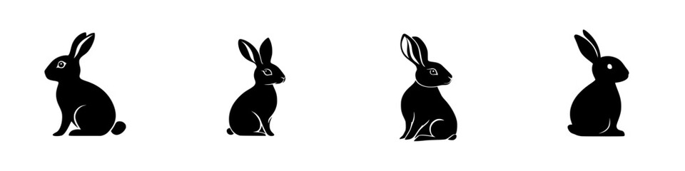 Poster - Four black and white vector illustrations of rabbits in various poses and profiles showcasing their natural form and features