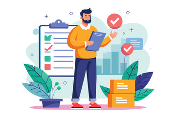 Poster - The man stands with a checklist, inspecting items, surrounded by greenery and boxes, reflecting an organized workspace during the day.