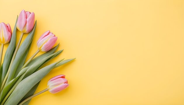 Valentine's Day and Women's Day concept featuring pink tulips against a yellow backdrop, with ample space for text, viewed from above.