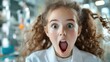 ©  Shomixer - A curly-haired girl, wide-eyed and surprised, captures the excitement of discovery in a scientific environment, perfectly conveying the thrill of learning and experimentation.