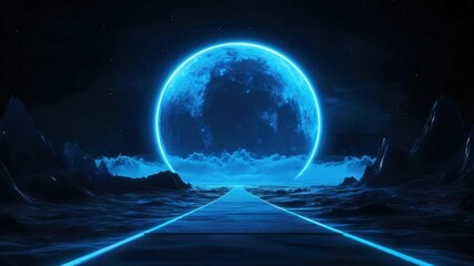 Poster - Mystical Neon Portal in a Dreamlike Landscape with Glowing Pathway and Abstract Clouds
