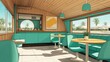 © X-Poser - Retro diner interior with turquoise booths, round tables, large windows, palm trees outside, and bright sunlight. Cozy vintage cafe with mid-century modern design and wooden ceiling.