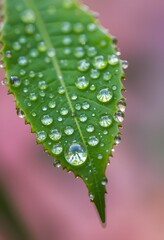 Poster - Dewdrop Details. Green Leaf, Magnified Reflections Shown, Tiny Water Lenses. Nature's Beauty, Shining, Miniature Worlds Reflect, Peaceful Scenes. Refreshing, Pristine, Capturing, Detailed Closeup,
