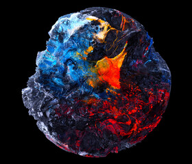 Wall Mural - 3d render of abstract art of surreal damaged stone metal mineral rock asteroid planet with rough grunge texture with neon glowing red and blue mix color parts on black background