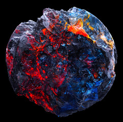 Wall Mural - 3d render of abstract art of surreal damaged stone metal mineral rock asteroid planet with rough grunge texture with neon glowing red and blue mix color parts on black background