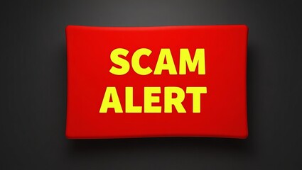 Poster - Bright alert sign indicating a scam warning, featuring bold yellow letters on a vibrant red background.
