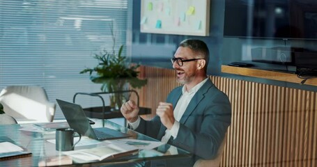 Aufkleber - Fist pump, office and business man on laptop for online bonus, stock market profit and trading success. Corporate, professional and happy person celebrate on computer for financial investment