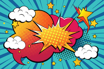 Poster - Brightly colored speech bubbles with explosive designs and playful stars create a lively atmosphere on a vibrant turquoise background, perfect for creative projects.