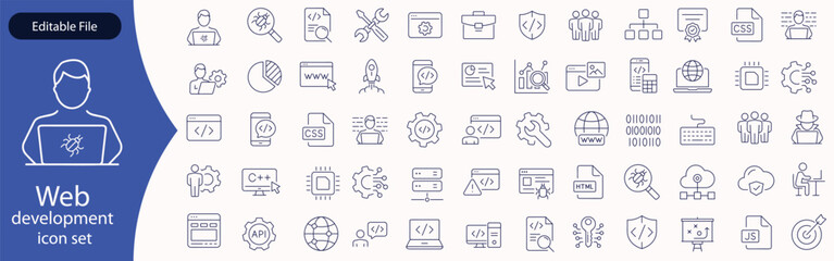 Fototapete - Web development set of web icons in line style. Developer icons for web and mobile app. Code, api, programmer coding, app, flow, node connect, web coder, bug fix and more. Vector illustration