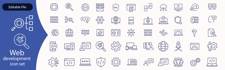 Fototapete - Web development set of web icons in line style. Developer icons for web and mobile app. Code, api, programmer coding, app, flow, node connect, web coder, bug fix and more. Vector illustration