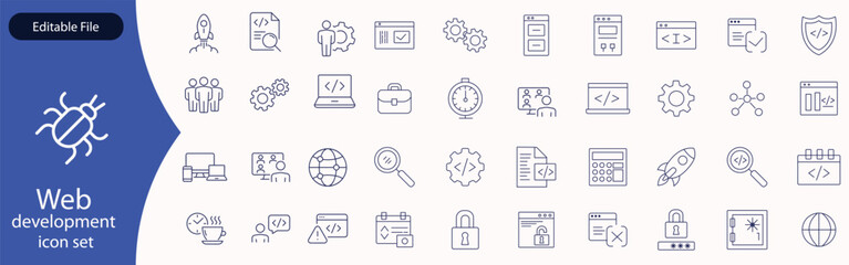 Fototapete - Web development set of web icons in line style. Developer icons for web and mobile app. Code, api, programmer coding, app, flow, node connect, web coder, bug fix and more. Vector illustration