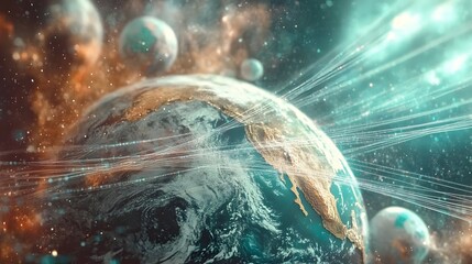 Poster - Artistic representation of the Earth surrounded by planets in space, representing global interconnected networks and a cosmic perspective.