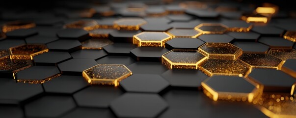 Fototapete - Abstract Hexagon Gold Black Texture Background
